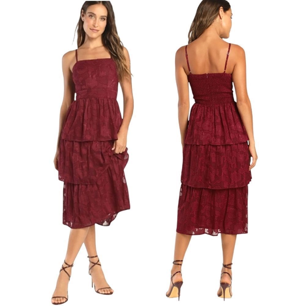 Lulu's Grace & Beauty Burgundy Burnout Floral Tiered Midi Dress Medium NWT
